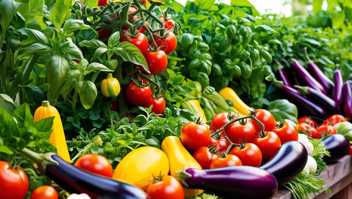 Ingrediënten (bijv. groenten, kruiden, gerechten) om je culinaire achtergrond te benadrukken. foto van een moestuin om je liefde voor tuinieren te laten zien._