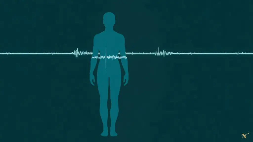 Menselijk silhouet met horizontale signaallijn die lichte verstoring toont in het lichaam