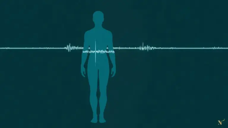 Menselijk silhouet met horizontale signaallijn die lichte verstoring toont in het lichaam