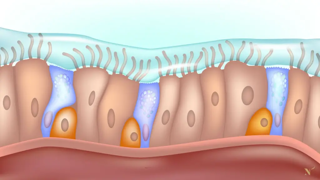 Illustratie van darmepitheel met gobletcellen die de mucuslaag produceren als beschermende en regulerende interface