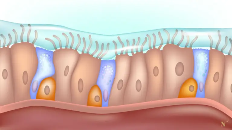 Illustratie van darmepitheel met gobletcellen die de mucuslaag produceren als beschermende en regulerende interface