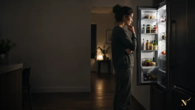 Persoon twijfelt voor een open koelkast bij het maken van een gezonde voedingskeuze