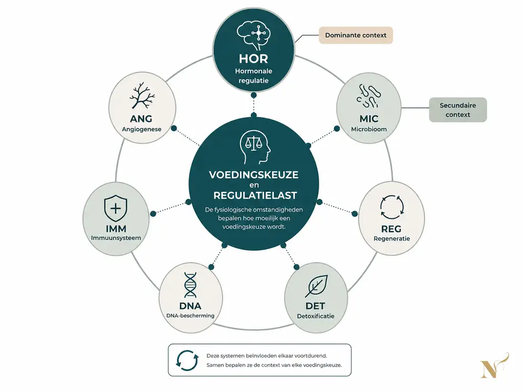 HIGH-7-interactieschema met voedingskeuze en regulatiebelasting centraal en hormonale regulatie als dominante context