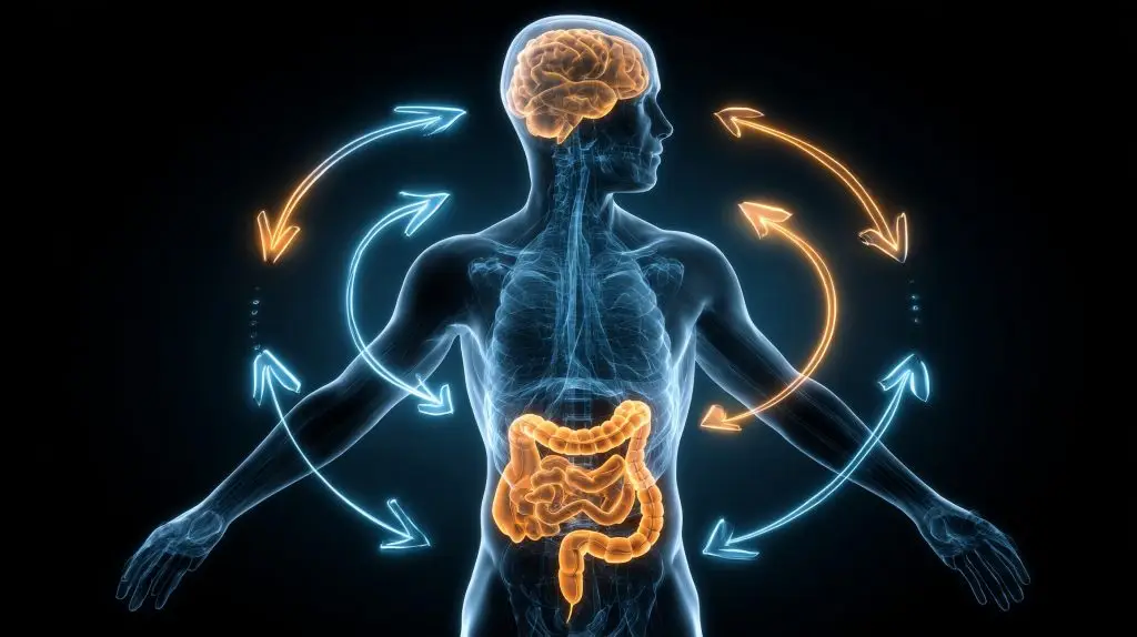 Schema van de darm-hersen-as met hormonale en microbiële signalen die eetgedrag beïnvloeden