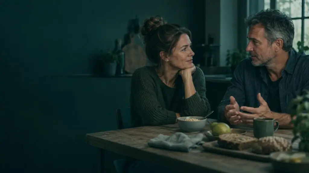 Twee volwassenen in gesprek aan een keukentafel met voeding, als illustratie bij uitleg over voeding en leefstijl.