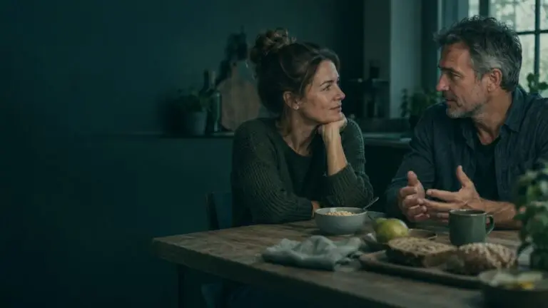 Twee volwassenen in gesprek aan een keukentafel met voeding, als illustratie bij uitleg over voeding en leefstijl.