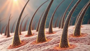 Een scherpe macrofoto die de delicate haarzakjes laat zien die uit de hoofdhuid komen.