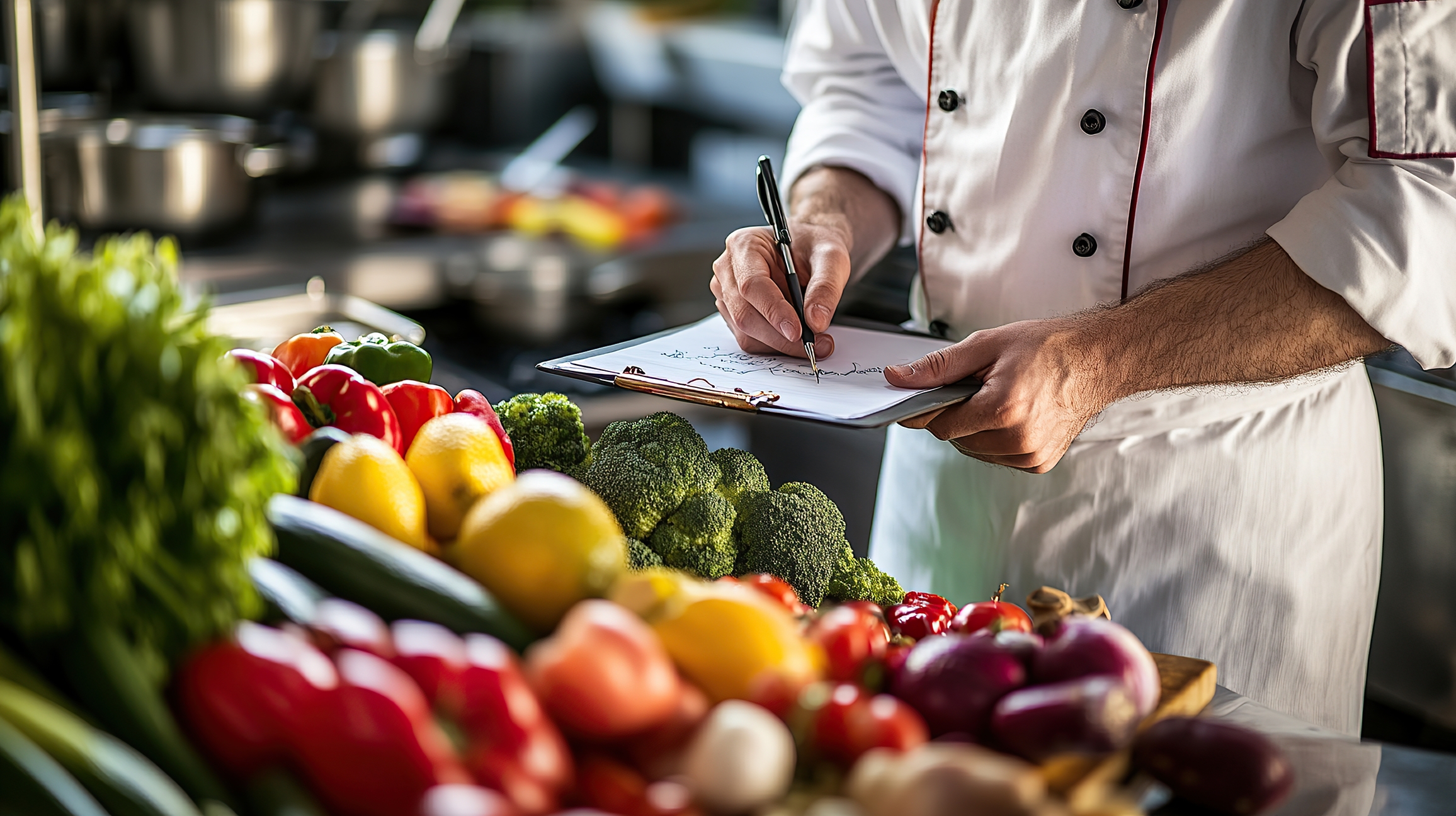 chef writing recipe or checklist in kitchen