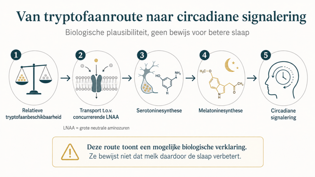 Schema van relatieve tryptofaanbeschikbaarheid en transport tegenover concurrerende LNAA via serotonine- en melatoninesynthese naar circadiane signalering.