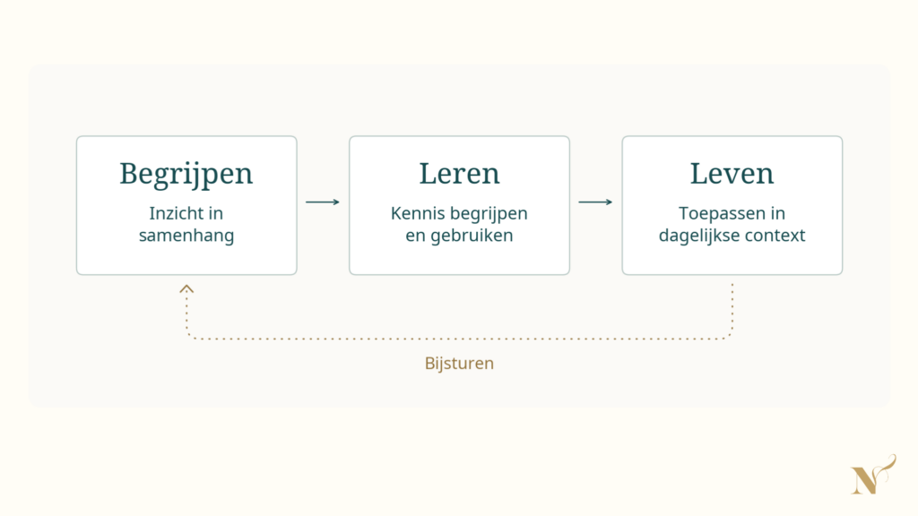 Schema met Begrijpen, Leren en Leven in leesvolgorde, met een teruglopende pijl voor bijsturen.