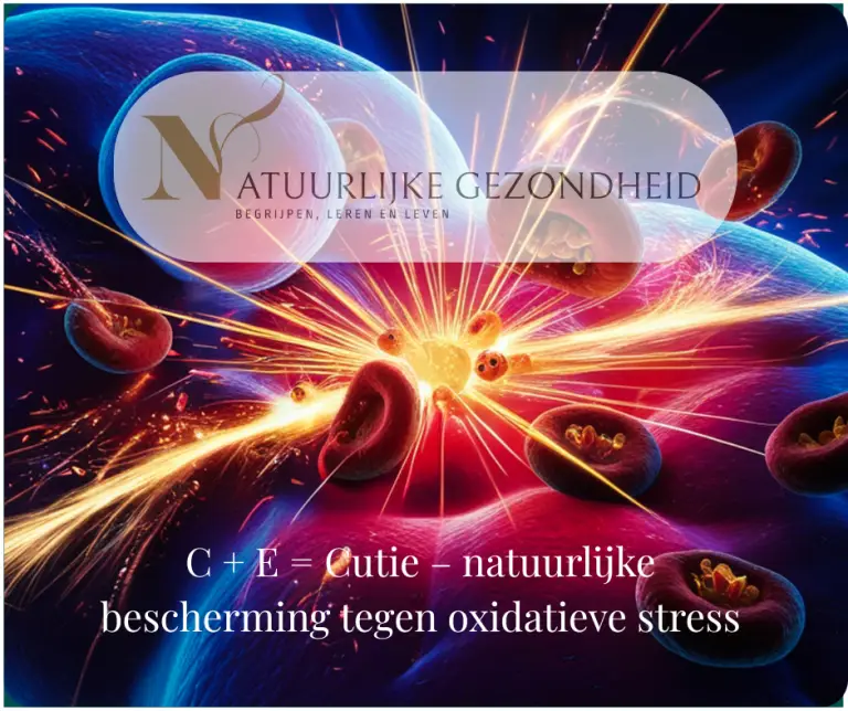 Illustratie van oxidatieve stress: vrije radicalen botsen met celmembranen en antioxidanten zoals vitamine C en E neutraliseren deze schade.