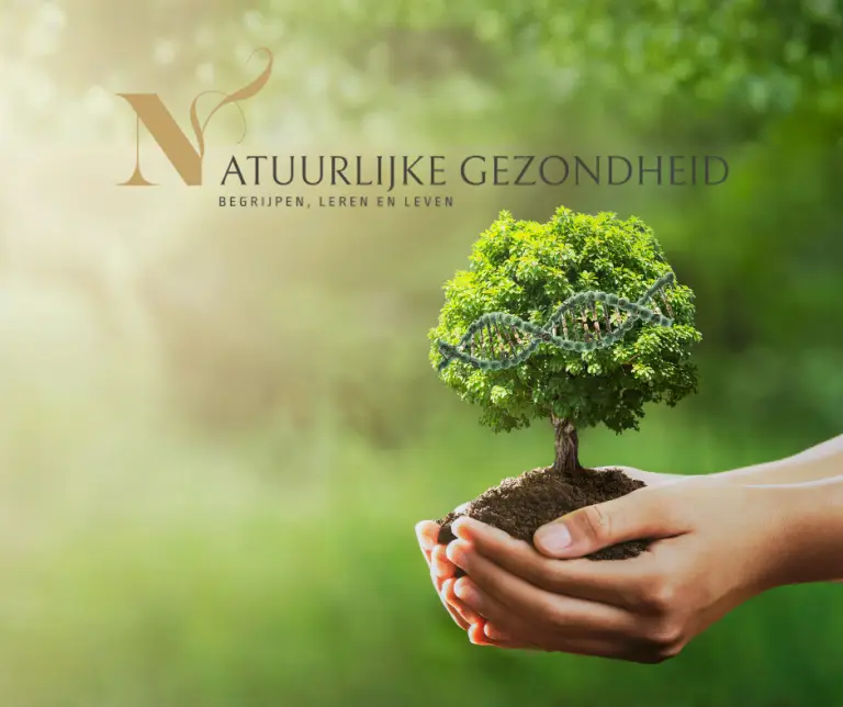Handen houden een boom in DNA-vorm – symbool voor de zes bouwstenen van het leven en natuurlijke gezondheid.