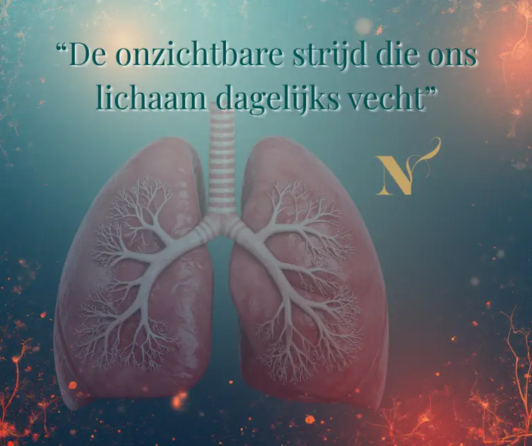 Microscopisch beeld van fijnstofdeeltjes die longweefsel binnendringen, met zichtbare luchtwegen en cellen in bescherming – symbool voor oxidatieve stress, detox en natuurlijke afweer.