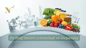 Illustratie van een brug tussen wetenschap en voeding met microscoop, DNA-structuren, groenten, fruit en gefermenteerde producten — ondersteuning voor de werking van ons microbioom.