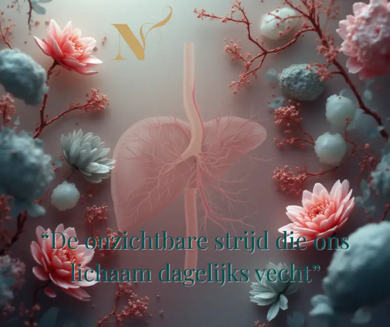 Illustratie van de lever met bloedvaten en lymfesysteem, symbool voor detoxificatie en de natuurlijke functie van de lever.