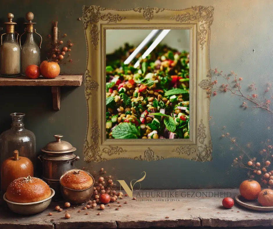 Linzensalade met geroosterde groenten en tahini – microbioomvriendelijke lunch rijk aan vezels en polyfenolen.