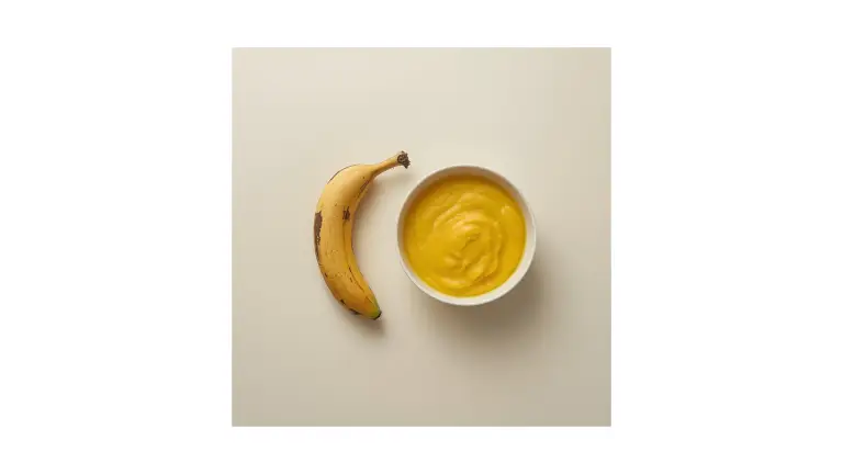 Hele banaan naast een kom gladde bananenpuree, als visueel contrast tussen volwaardig fruit en bewerkt ingrediënt