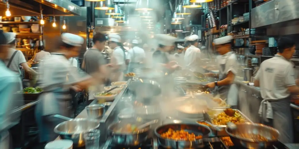 Professionele keuken met koks in volle service tijdens voedselbereiding volgens HACCP-principes