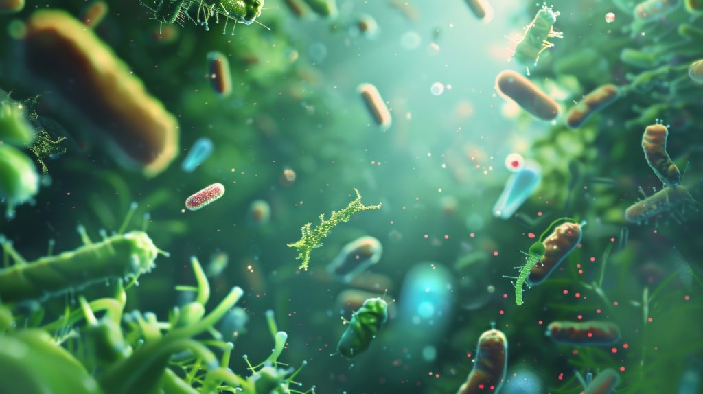 Illustratieve weergave van het darmmicrobioom en microbiële diversiteit in relatie tot voeding.