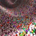 Close-up van de darmwand met microvilli en diverse darmbacteriën, illustratie van de complexiteit van het menselijke microbioom.
