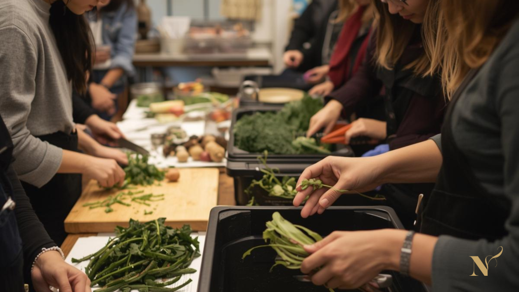Deelnemers bereiden samen groenten in een interactieve kookworkshop