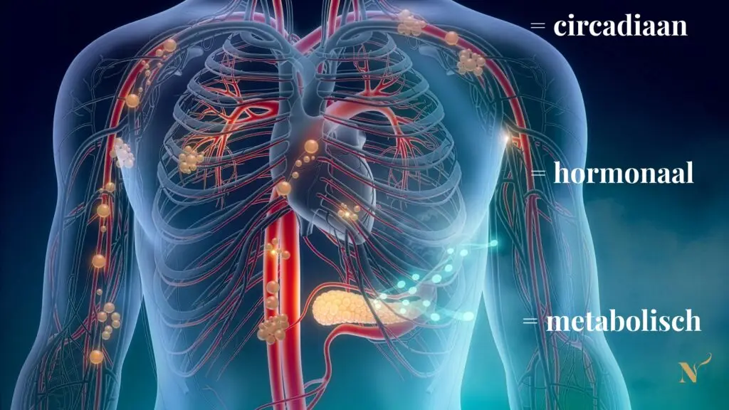 Menselijk lichaam met interne systemen die herstelprocessen tijdens slaap weergeven