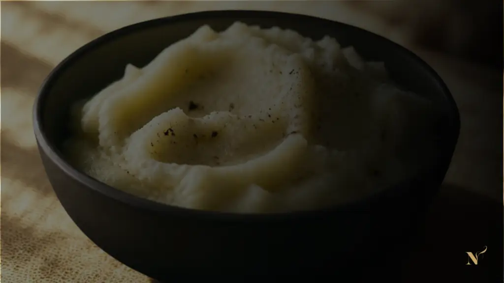 Donkere close-up van aardappelpuree in een zwarte kom.