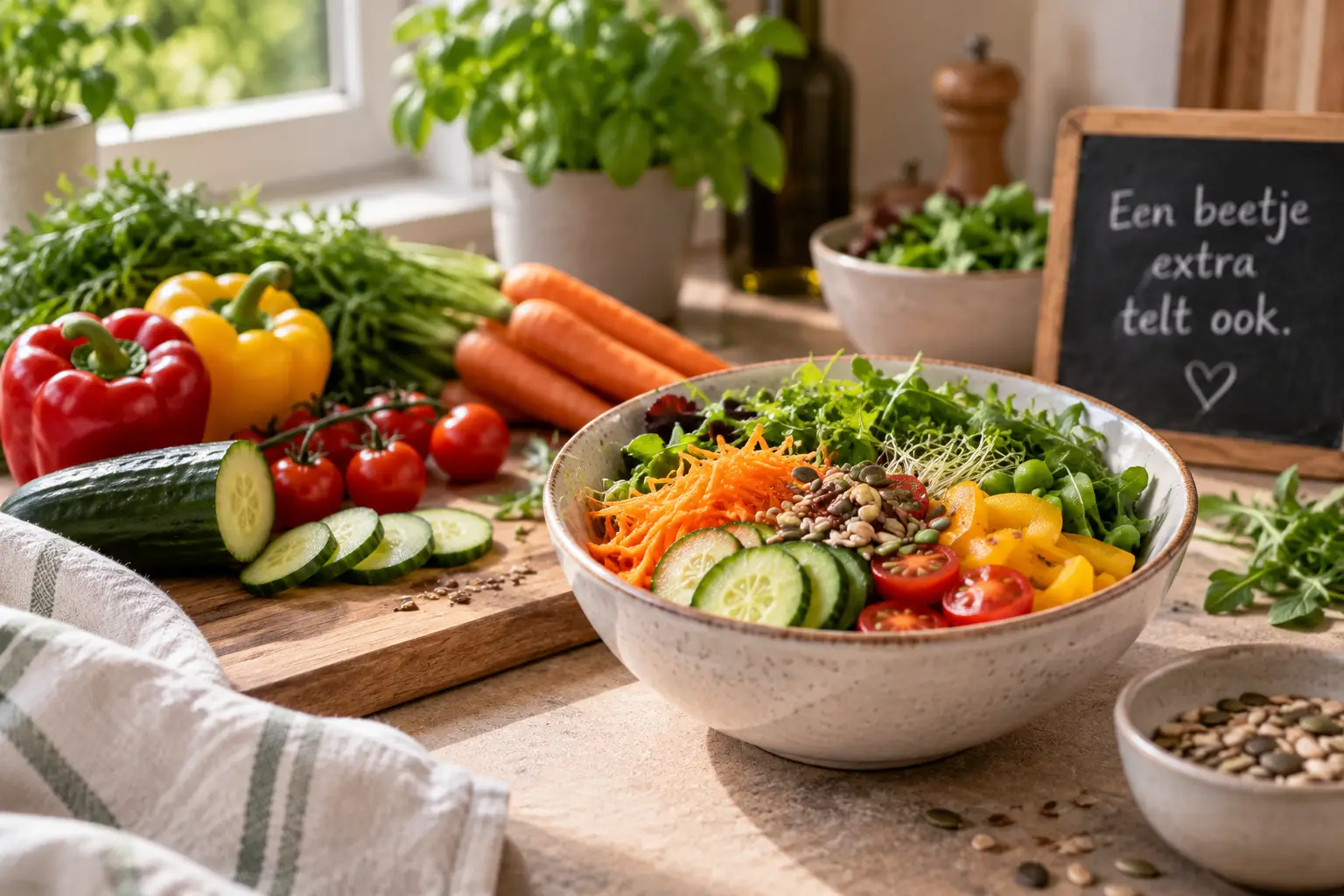 Kom met kleurrijke groenten op een keukentafel, met rucola, komkommer, tomaat, wortel en paprika.