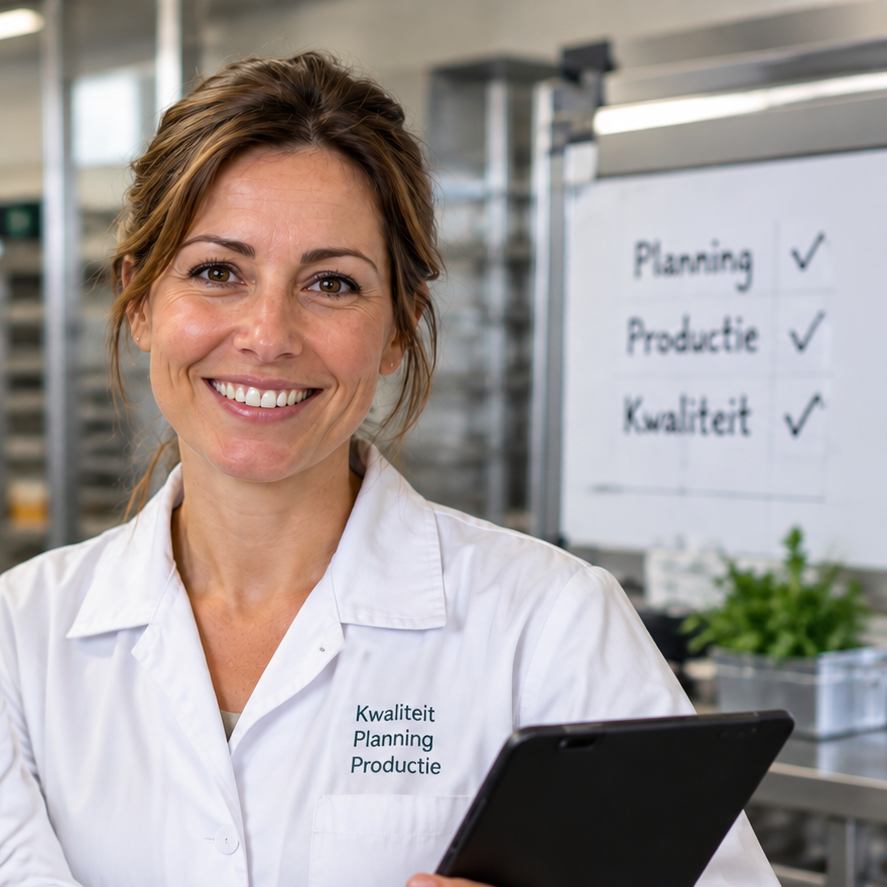Fictieve FICHEFLOW productiecoördinator Elise Janssens voor planning en kwaliteit
