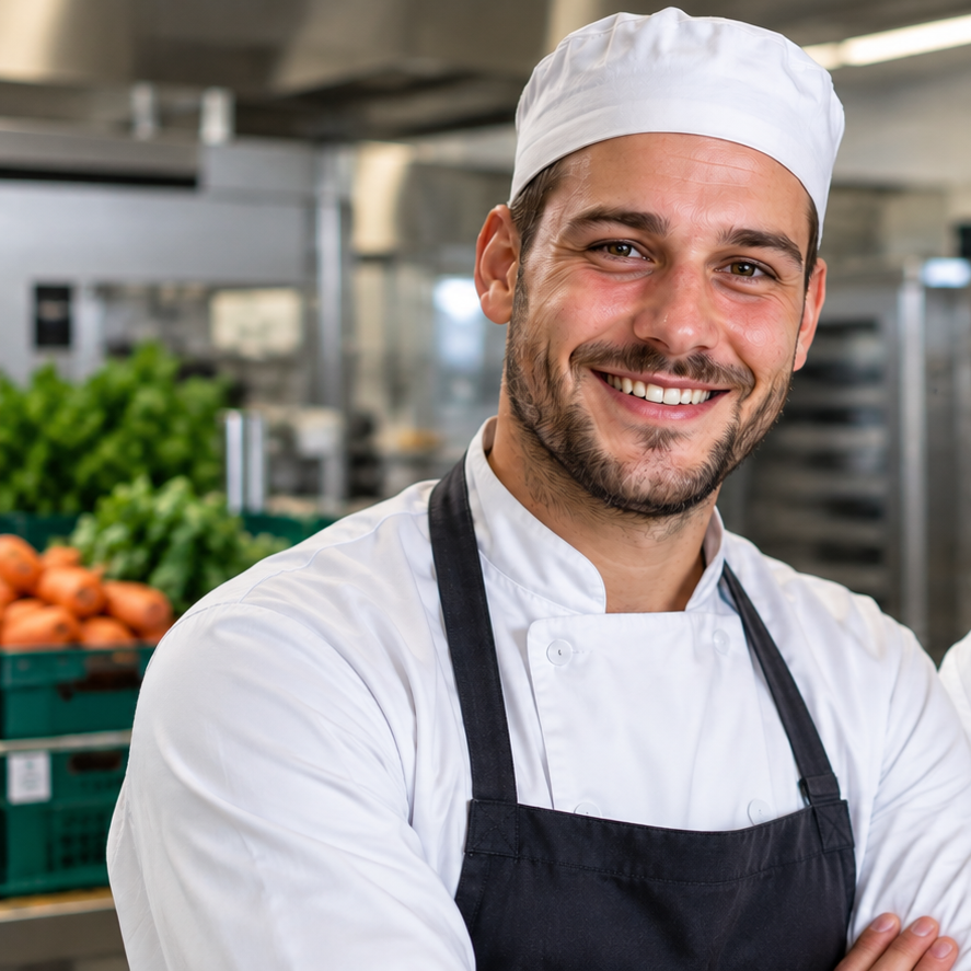 Fictieve FICHEFLOW productiemedewerker Sam Vermeulen in professionele keuken
