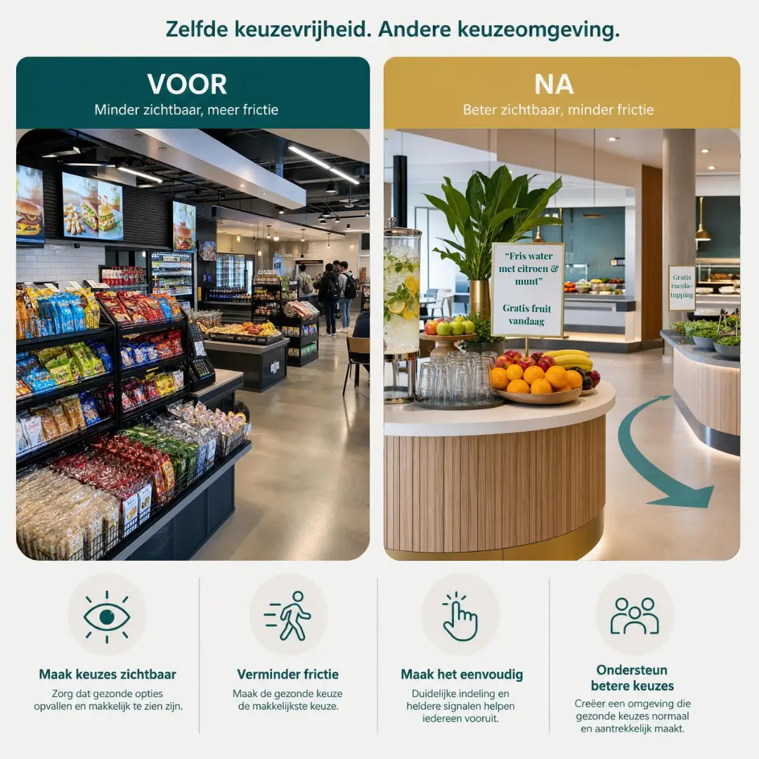 Voor- en na-vergelijking van een cafetaria waarin zichtbaarheid, communicatie en gemak worden aangepast om voedingskeuzes te sturen