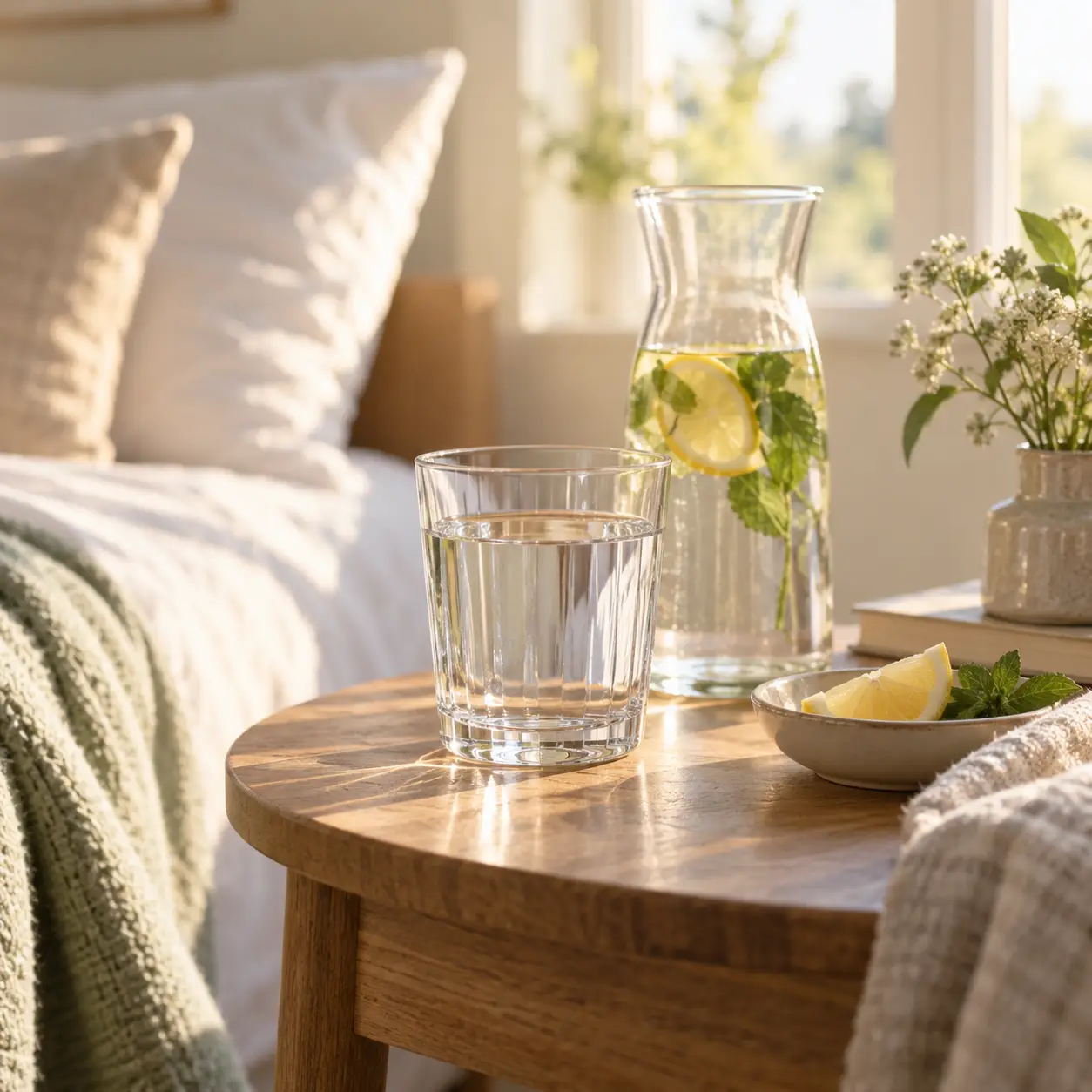 Groot glas water op een houten nachtkastje in ochtendlicht, met een karaf water met citroen en munt.