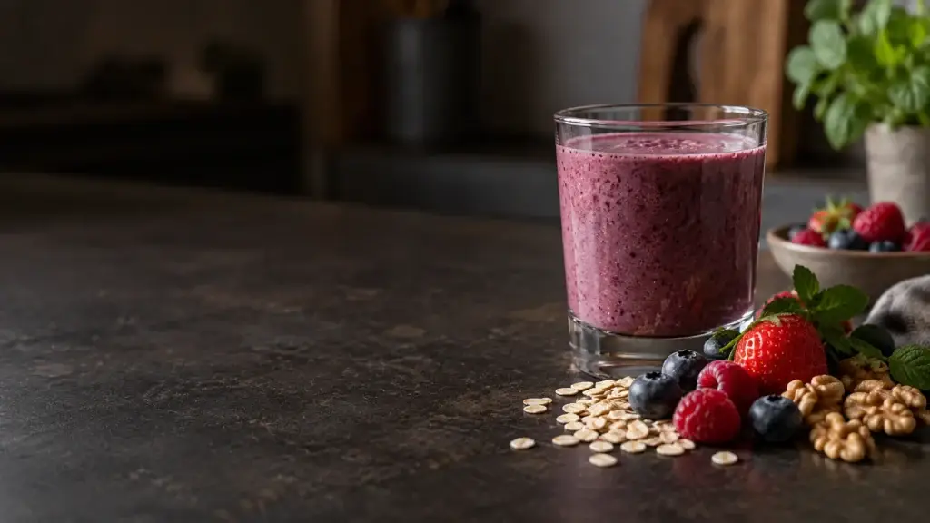 Glas smoothie naast bessen, havermout, walnoten en kruiden, als voorbeeld van ingrediënten die je in één drank kunt combineren.