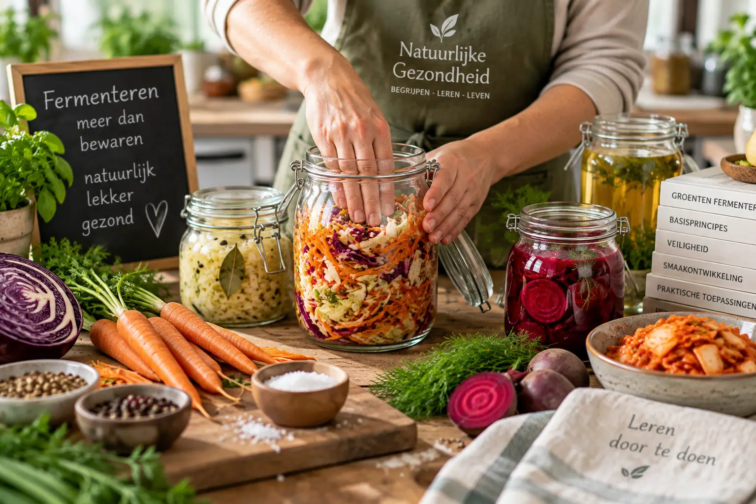 Deelnemer vult een glazen pot met groenten tijdens een praktische workshop fermenteren