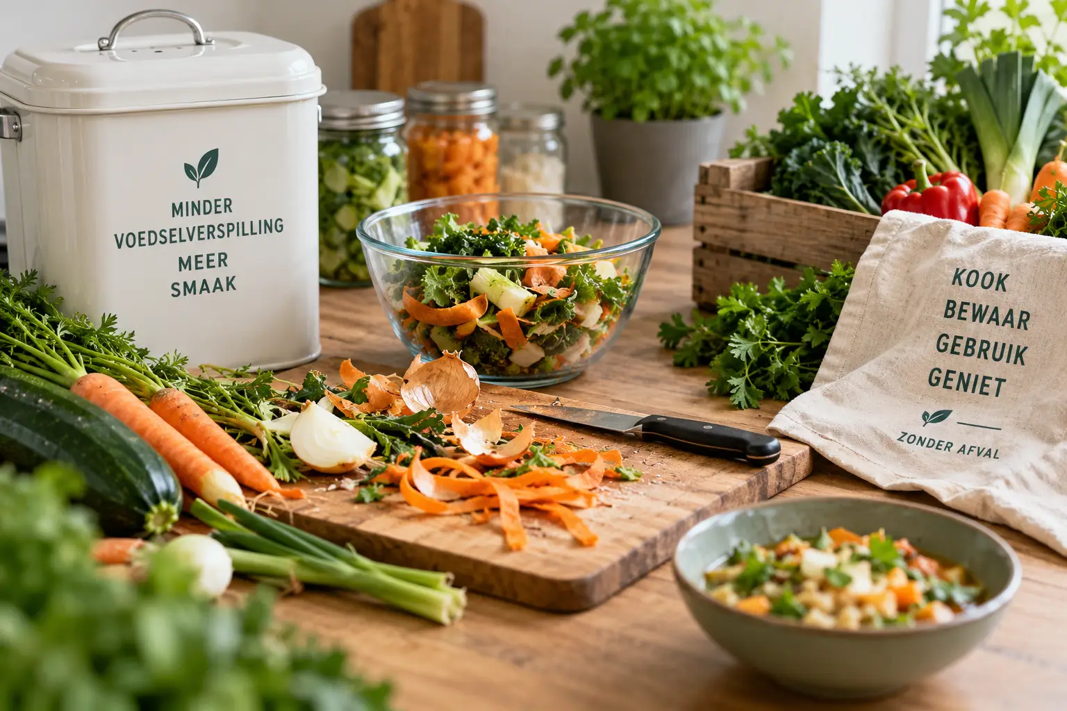 Groenten en voedselresten tijdens een workshop over koken zonder afval en voedselverspilling