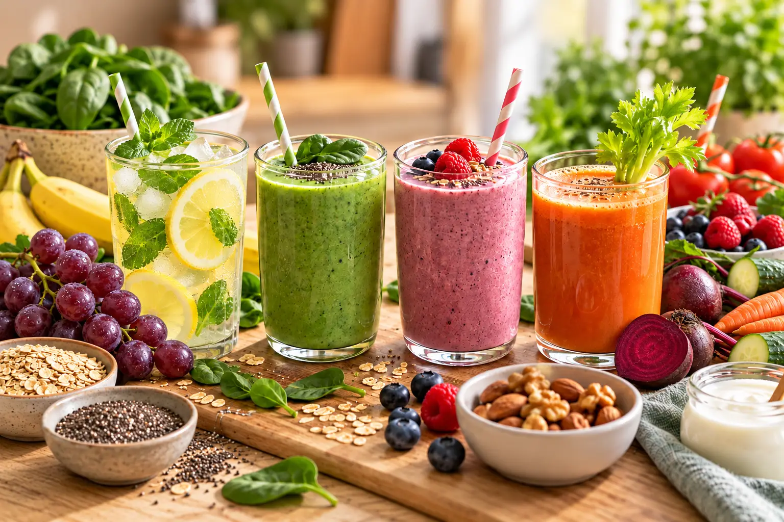 Smoothies, suikervrije limonade en groentesap met verschillende fruit- en groente-ingrediënten