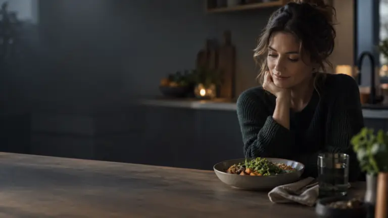 Een persoon kijkt aandachtig naar voedsel in een rustige keuken.