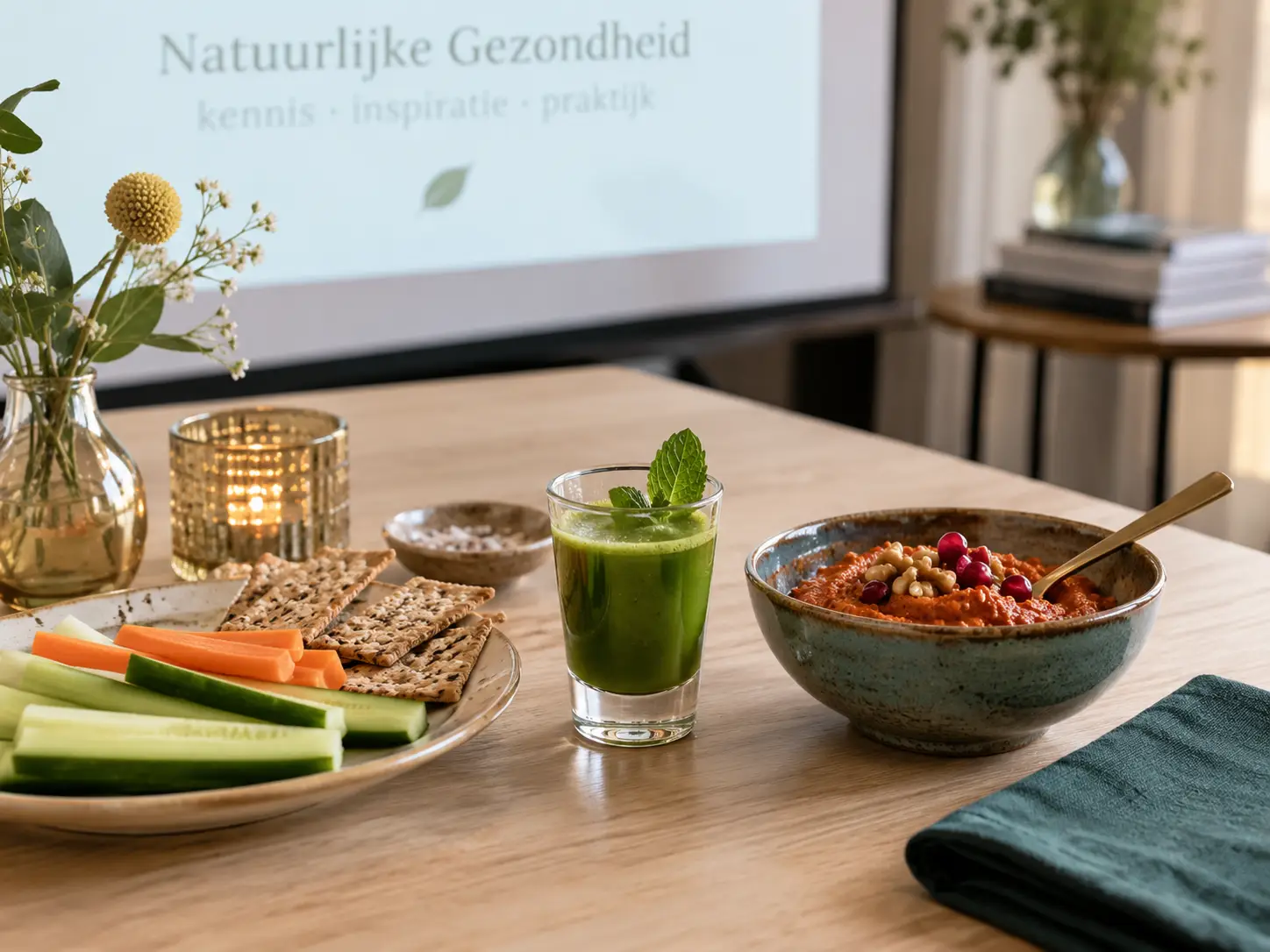Praktische tasting tijdens een lezing met tarwegrasshot, muhammara, groentesticks en crackers